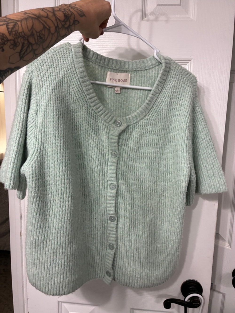 Pink Rose Pale Mint Ribbed Button-Up Cardigan
